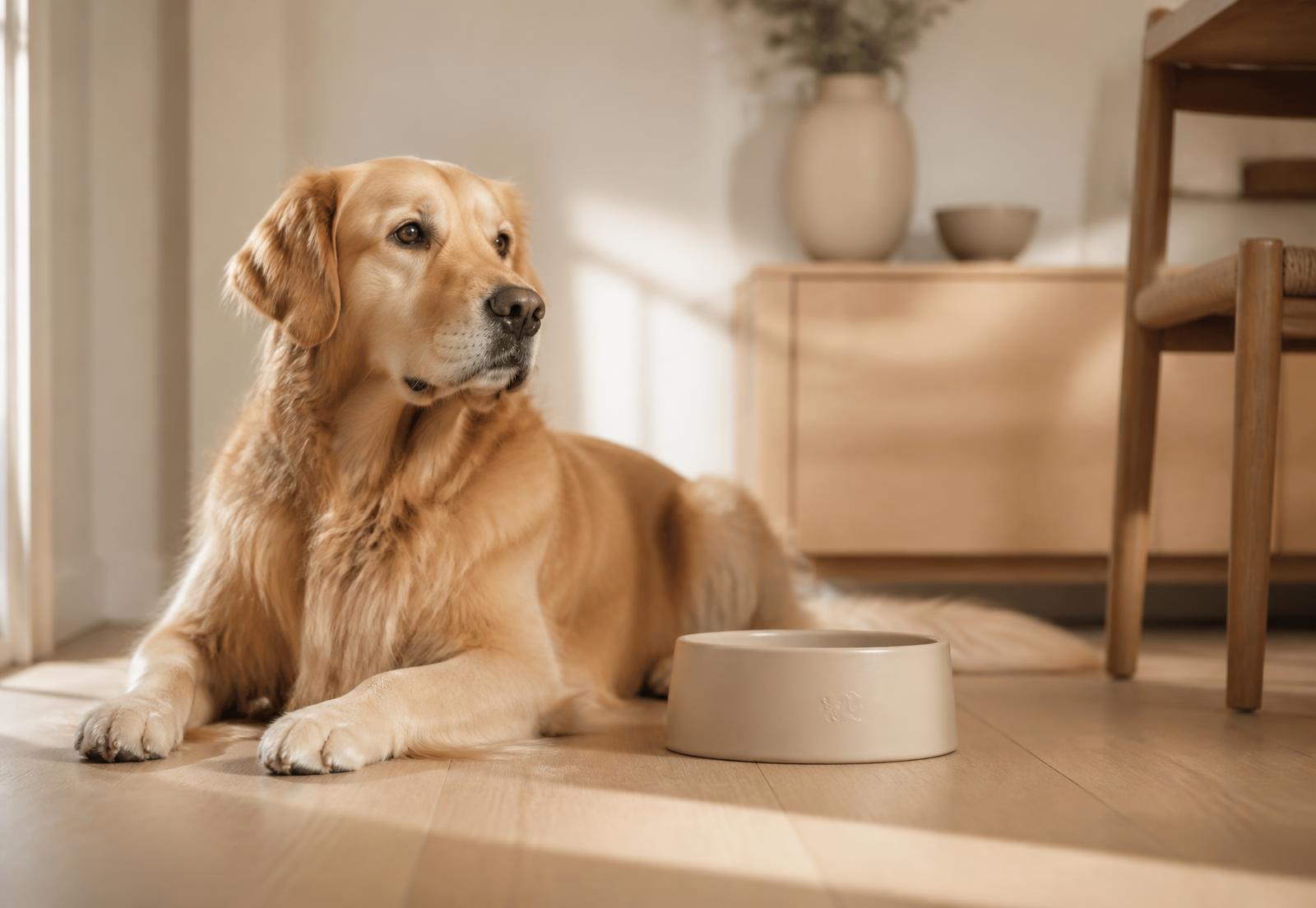 Hund liegt entspannt neben einem Futternapf in einem hellen Wohnraum